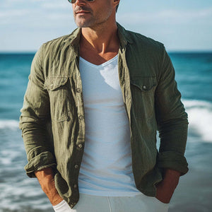 Herren Frühling und Herbst Armeegrünes Langarmhemd aus Baumwolle und Leinen