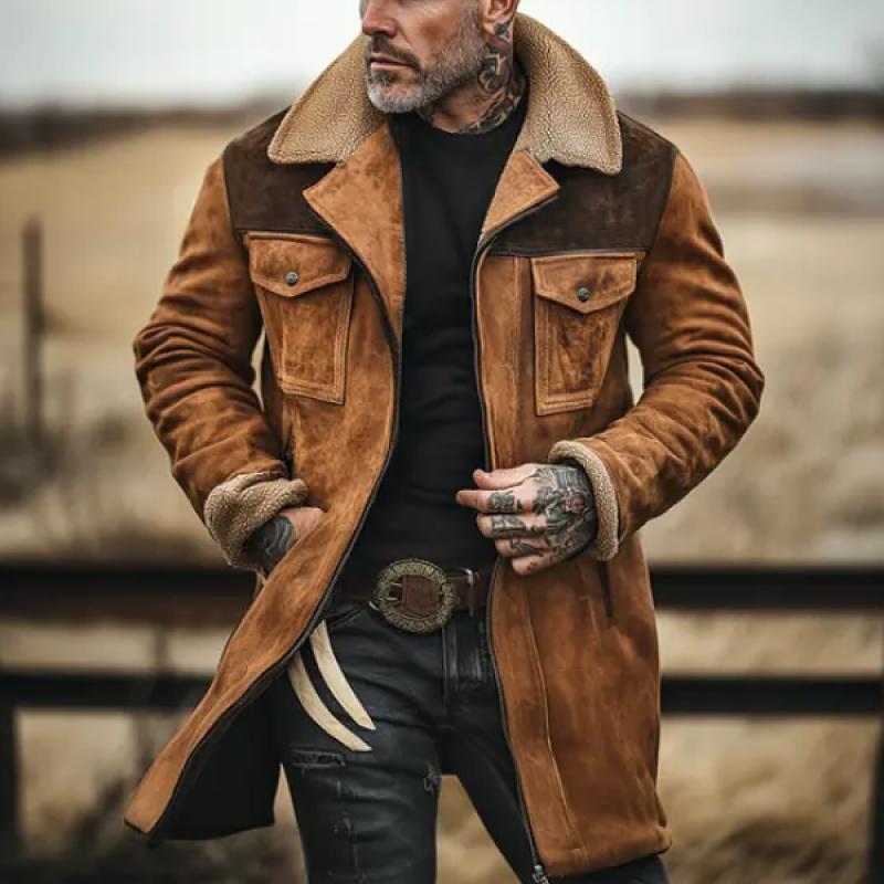 Men's Colorblock Suede And Polar Fleece Lapel Mid-Length Coat