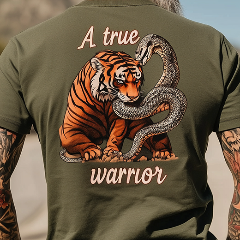 Men's Retro Casual A True Warrior Print Round Neck Short Sleeve T-shirt