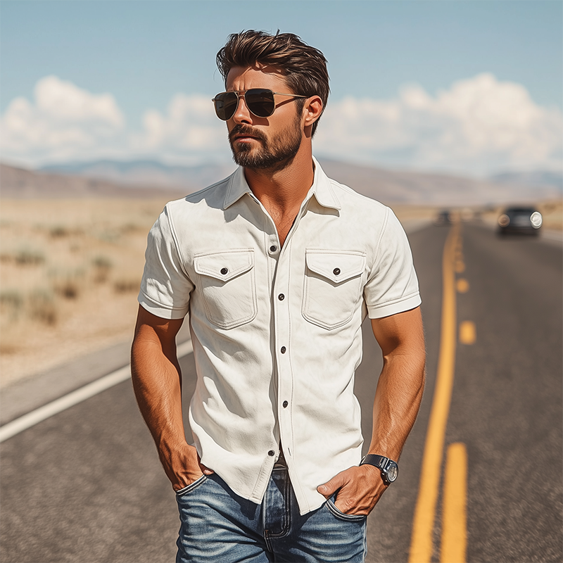 Men's Spring Fashion Casual Slim Fit Multi-Pocket Thin Suede Short Sleeve Shirt
