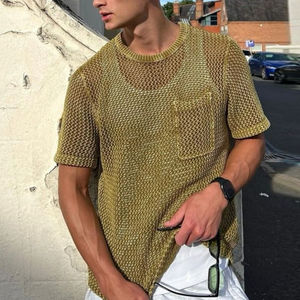 Men's Casual Round Neck Hollow Loose Knitted Short Sleeve Sweater T-Shirt (Tank Top Excluded)
