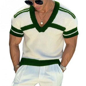 Lässiges Herren-T-Shirt mit V-Ausschnitt, gestreiftem Jacquard-Strick und schmaler Passform, kurzärmelig