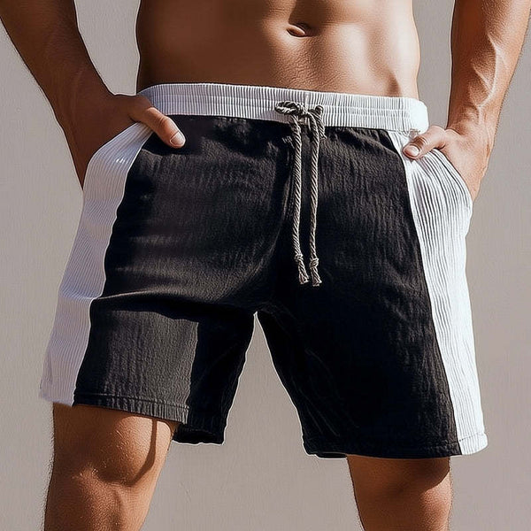 Men's Black And White Lace-Up Textured Shorts