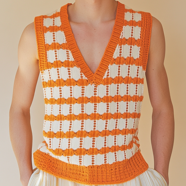 Men's Casual V-Neck Plaid Jacquard Knitted Tank Top MTA0728D1M