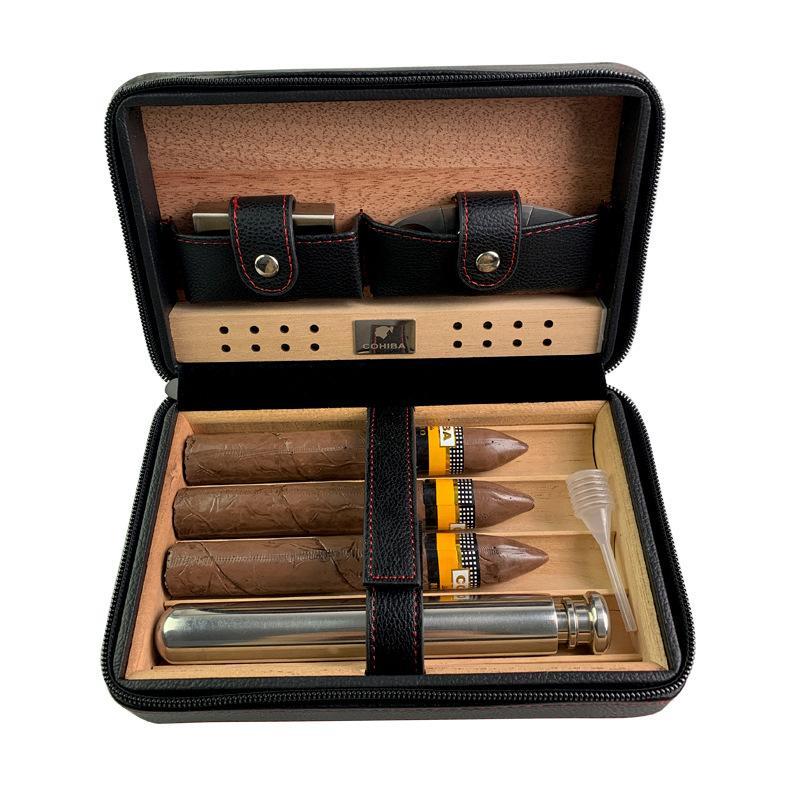 Men's Portable Cigar Humidor Leather Set Storage Bag