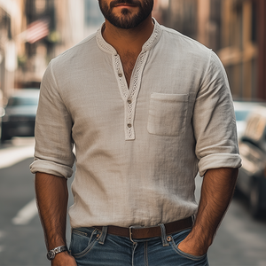 Men's Spring New Retro Ethnic Lace Stitching Deep V-neck Long-sleeved Shirt