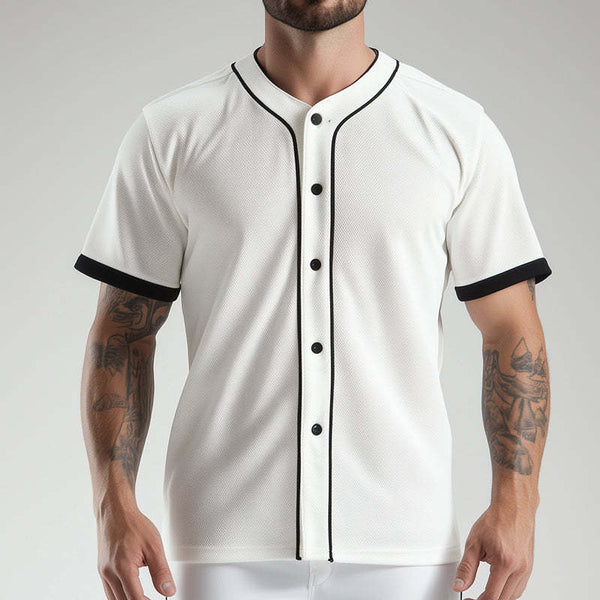 Men's Retro Casual Solid Color Mesh Sports Button Baseball Short Sleeve T-Shirt