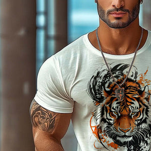 Men's Tiger Printed Round Neck Short Sleeve T-Shirt