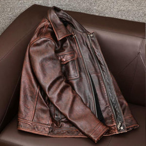Men's Vintage Lapel Double Chest Pocket Leather Jacket