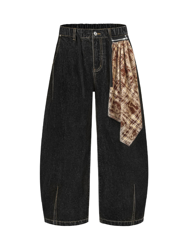 Patchwork Plaid Pleated Baggy Jeans