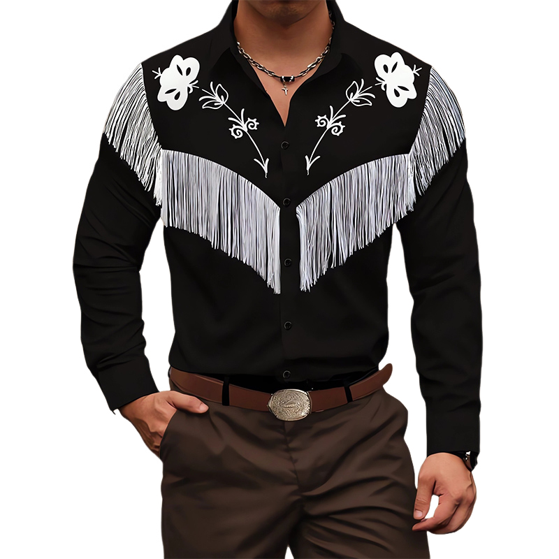 Herren-Langarmhemd aus Baumwolle mit bestickter Quaste im Vintage-Stil