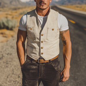 Men's Spring Fashion Retro Western Style Multi-Pocket Suede Vest