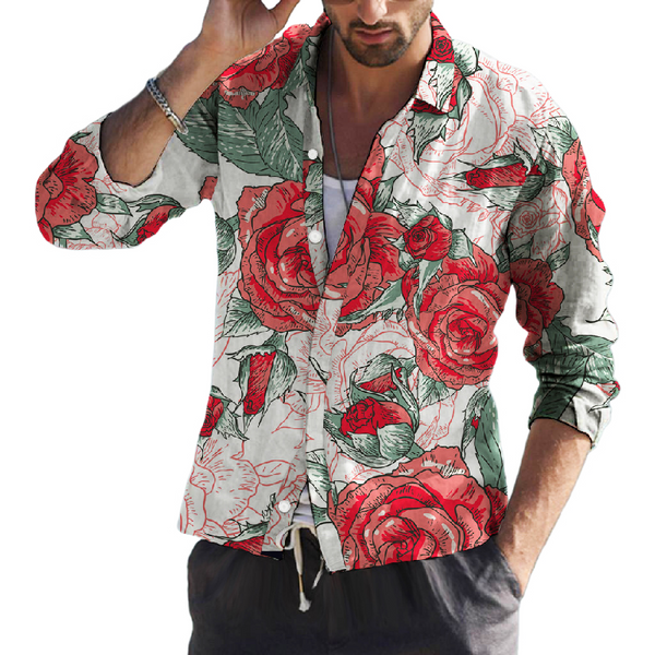 Herren-Langarmhemd mit Blumendruck und Revers