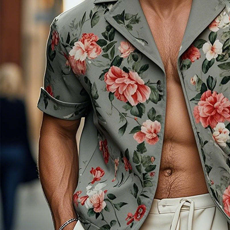 Men's Fashion Floral Print Short Sleeve Shirt Jacket