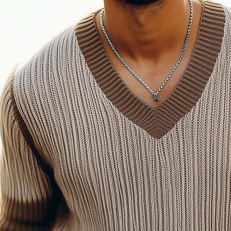 Men's Summer V-neck Thin Knitted Short-sleeved T-shirt