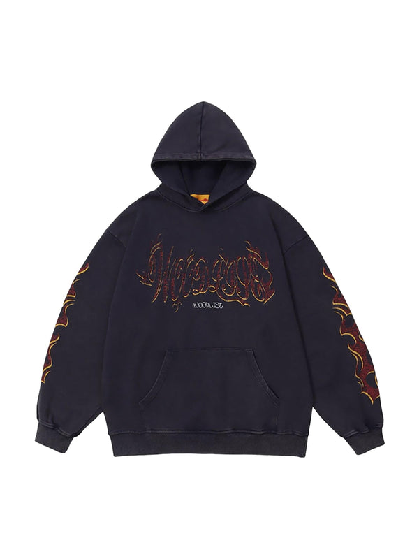 Flame Letter Washed Hooded Sweatshirt