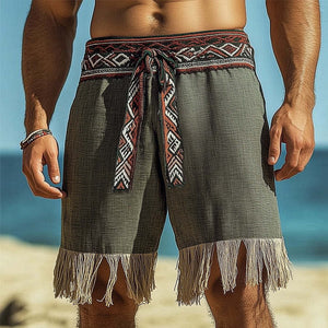 Men's Summer Cotton And Linen Embroidered Tassel Shorts