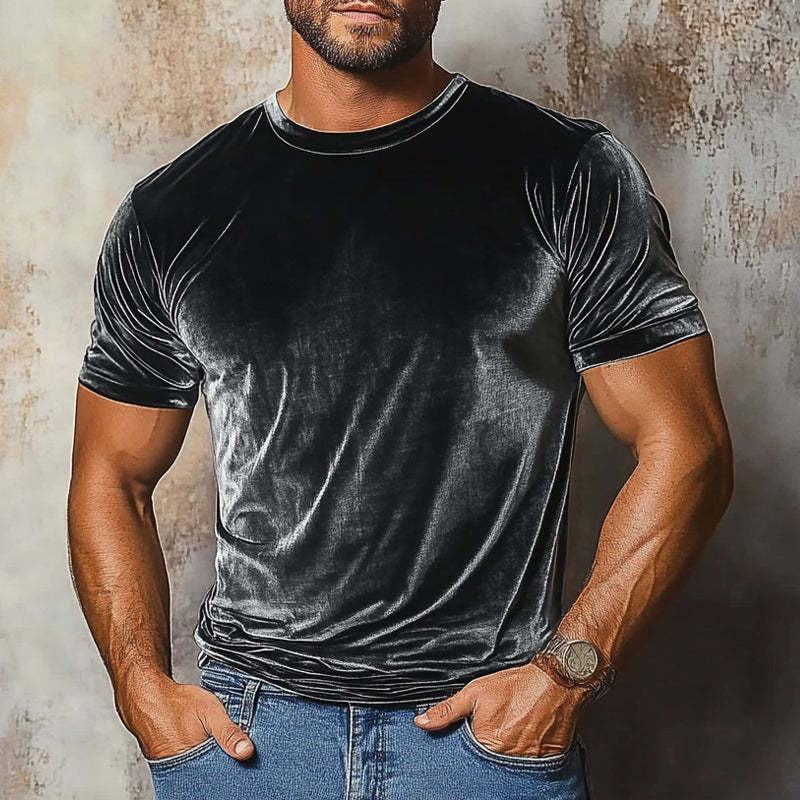 Herren-T-Shirt mit Rundhalsausschnitt und kurzen Ärmeln im Vintage-Stil aus Samt