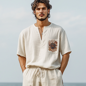 Lässiges, kurzärmliges T-Shirt aus Baumwolle und Leinen mit V-Ausschnitt für Herren im Frühling und Sommer