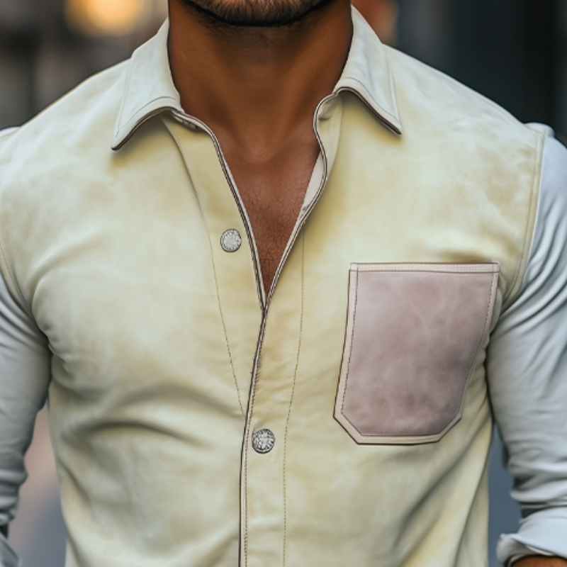 Herren Frühlingsmode Lässiges Slim Wildleder Splicing Langarmhemd