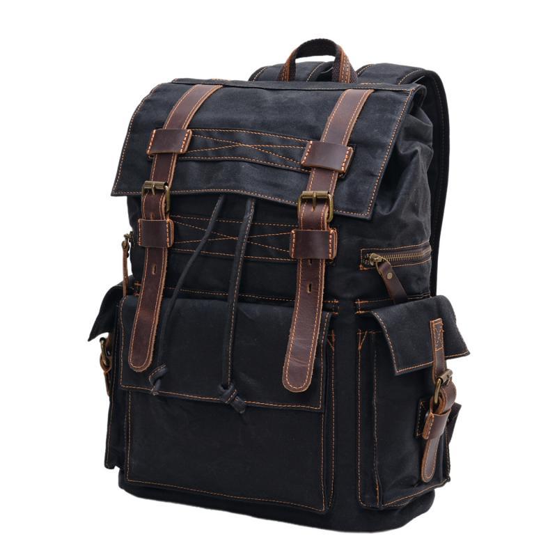 Men's Vintage Beeswax Canvas Outdoor Leather Multi-Pocket Backpack