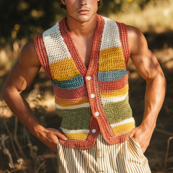 Men's Casual V-neck Colorful Striped Single-breasted Knitted Vest