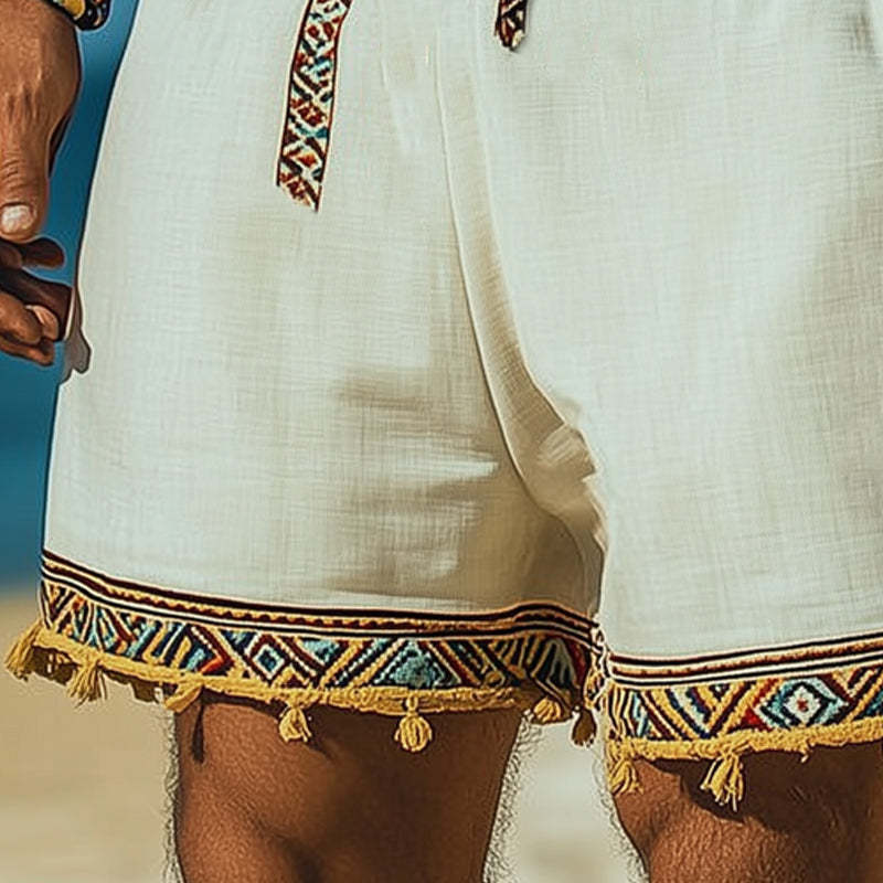 Sommer-Shorts aus Baumwolle und Leinen mit Retro-Stickerei für Herren