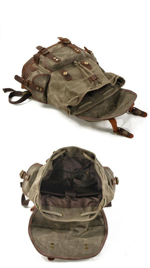 Herren-Rucksack aus Vintage-Canvas-Nähten und Leder mit mehreren Taschen