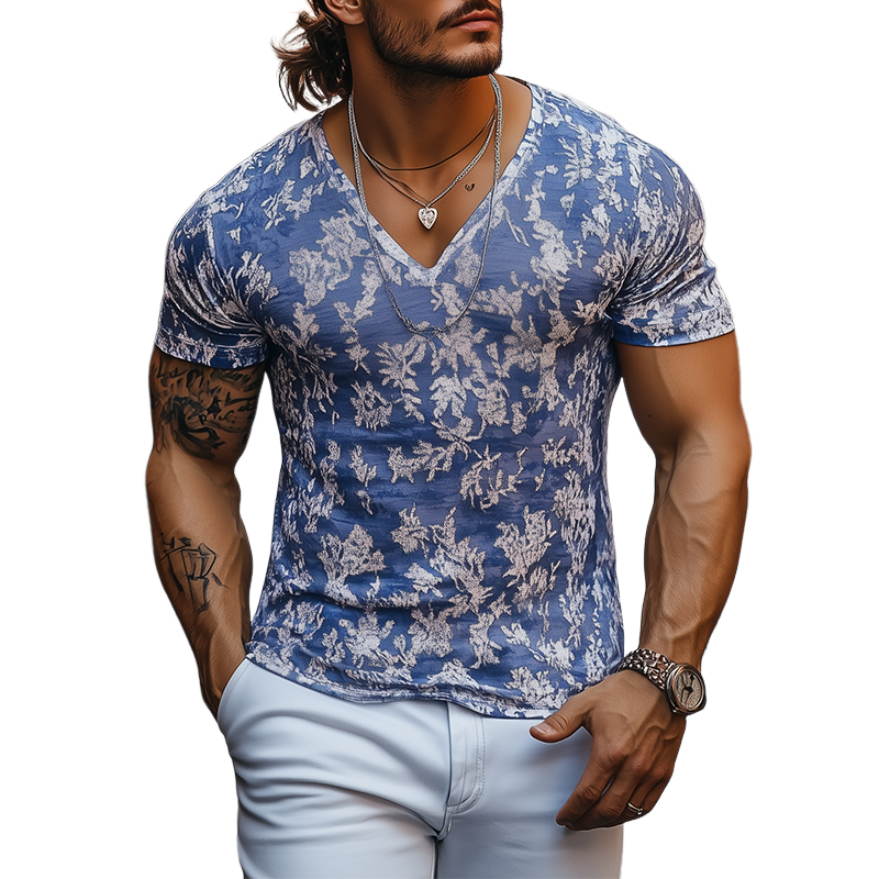 Men's Fashion Casual V-neck Slim Fit Cotton Burnout Fabric Short Sleeve T-shirt