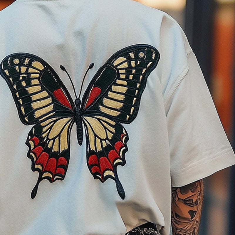 Men's Butterfly Embroidered Round Neck Short Sleeve T-Shirt