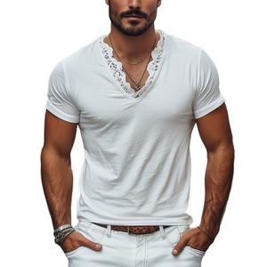 Men's Spring And Summer Fashionable V-neck Lace Stitching Cotton Short-sleeved T-shirt