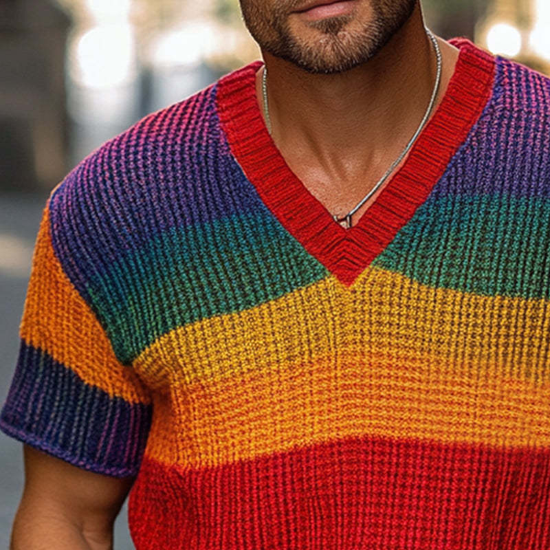 Men's Rainbow Stripe Knitted Short Sleeve Sweater T-Shirt
