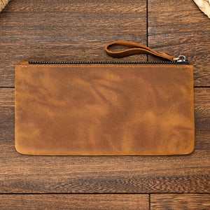 Herren Vintage Crazy Horse Leder Große Kapazität Reißverschluss Lange Brieftasche 