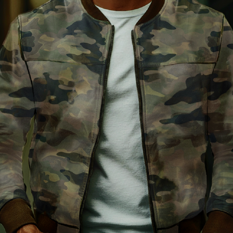 Men's Casual Camouflage Baseball Leather Jacket