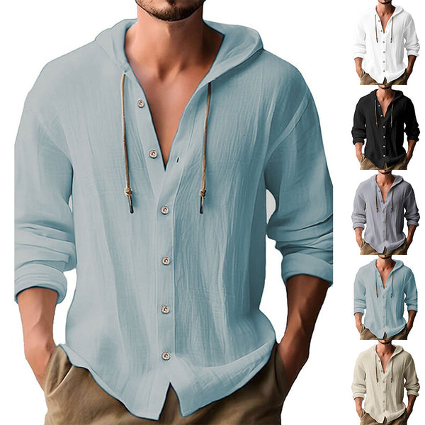 MEN'S SOLID COLOR CASUAL LONG SLEEVED SHIRT HOODED DRAWSTRING COTTON AND LINEN CARDIGAN