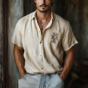 Men's Casual Skin-friendly Khaki Tencel Embroidered Short-sleeved Shirt