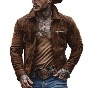 Herrenjacke aus massivem Wildleder mit Reißverschluss und Brusttasche und Revers