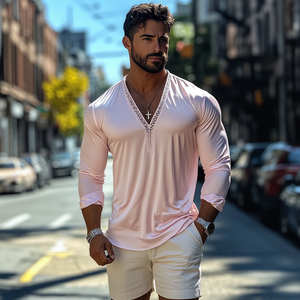 Men's Fashion Casual Sexy Lace And Satin Splicing Deep V Neck Long Sleeve T-Shirt