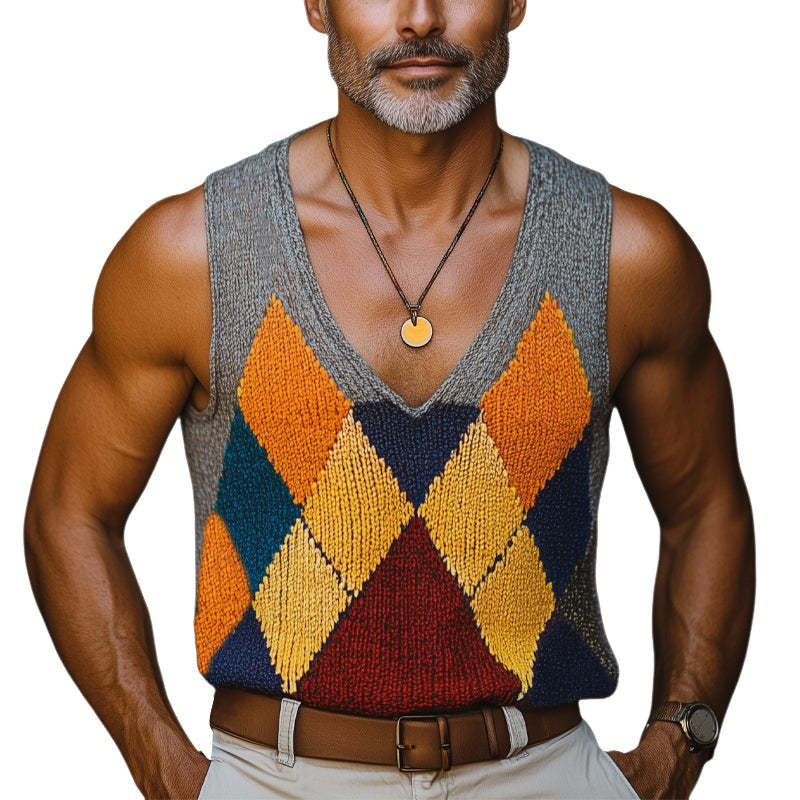 Sommermode für Herren, gestricktes Tanktop mit Diamant-Farbblock