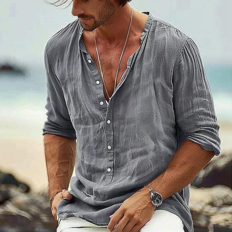 Men's Casual Cotton Linen Stand Collar Long-Sleeved Pullover Shirt