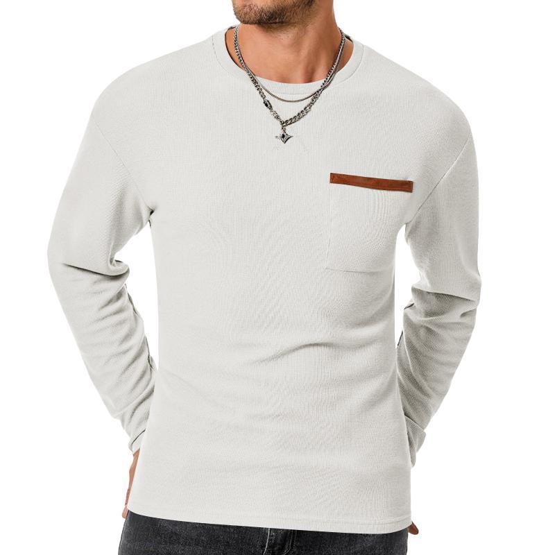 Lässiges Herren-T-Shirt mit Waffelmuster, Rundhalsausschnitt, aufgesetzter Tasche, Slim Fit, Langarm