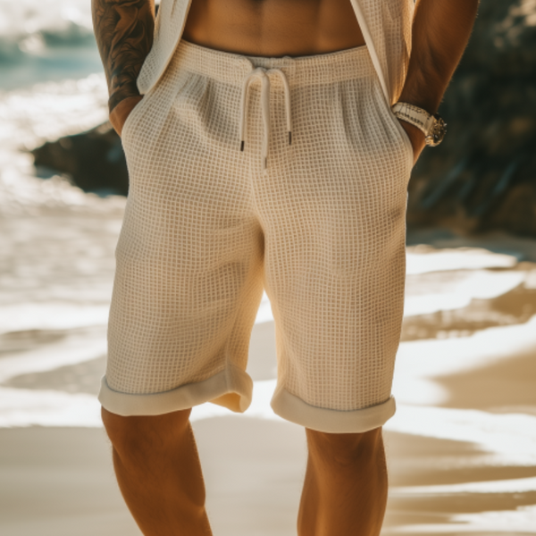 Klassische, lässige Herren-Shorts mit elastischer Taille und knielanger Waffelstruktur
