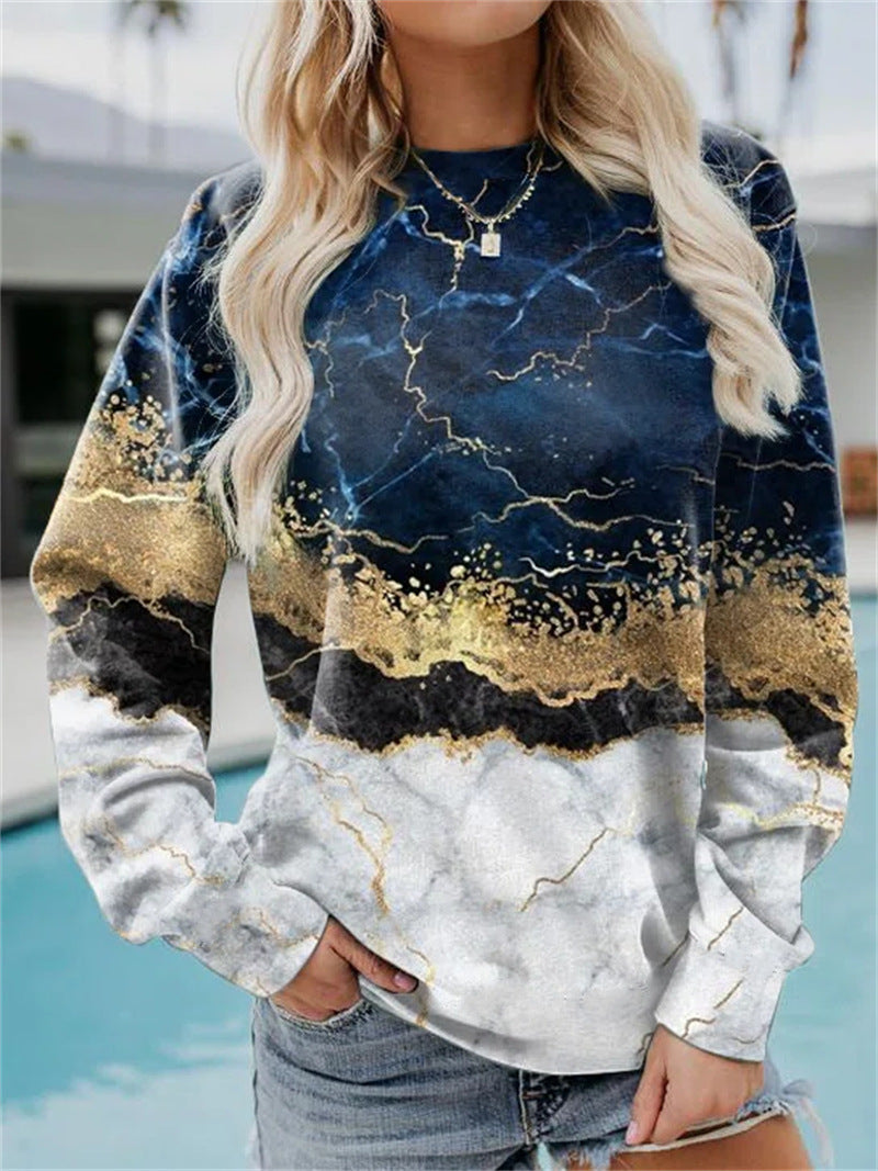 WOMEN'S GEOMETRIC LOOSE PRINTED LONG SLEEVE ROUND NECK HOODIE