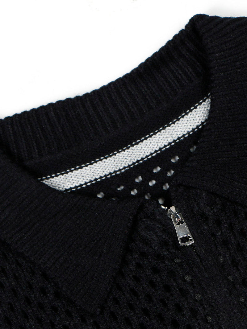 Jacquard Mesh Knit Zipper Polo Sweater