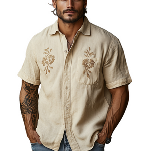 Men's Casual Khaki Tencel Vintage Embroidered Short-sleeved Shirt