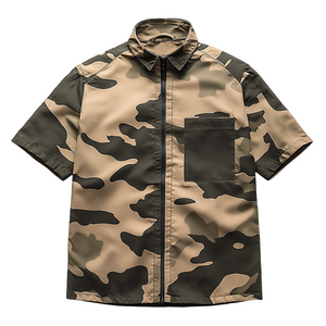 Herren Retro Casual Camouflage Print Revers Reißverschluss Kurzarmhemd