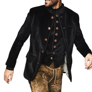Men's Black Stand Collar Single Breasted Velvet Slim Jacket