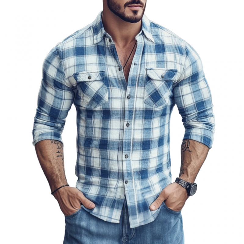 Men's Casual Cotton Plaid Lapel Chest Pocket Slim Fit Long Sleeve Shirt