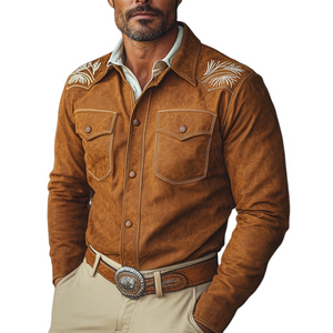 Men's Vintage Suede Embroidered Slim Fit Long Sleeve Shirt