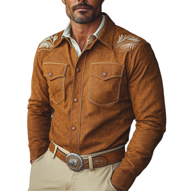 Herren-Langarmhemd im Vintage-Stil aus Wildleder mit Stickerei im Slim Fit